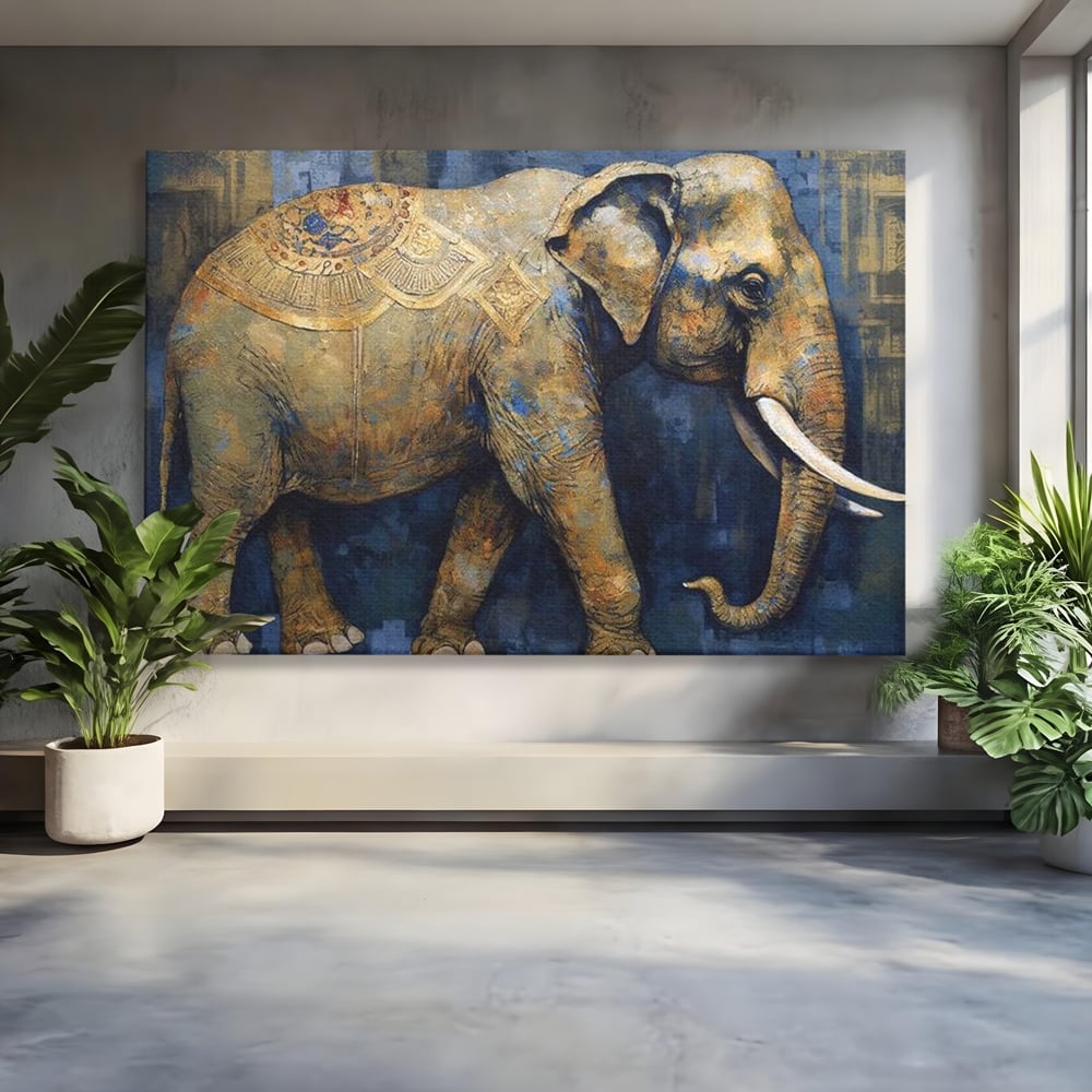 Tablou canvas cu tablou canvas cu pictura de elefant auriu, fara rama, pe sasiu de lemn